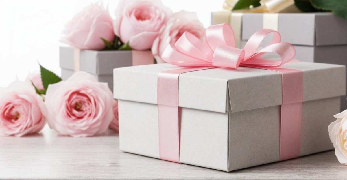 Подарочная коробка с розовой лентой и светло-розовыми розами на столе, поздравительный букет и подарок